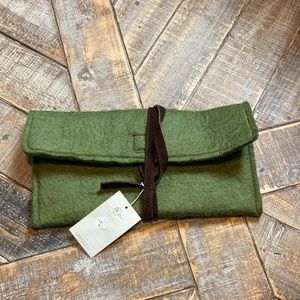 Boutique NWT Civil Alchemy green felt clutch with brown suede strap.